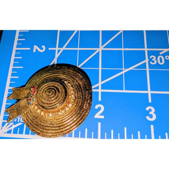 Ciner Signed VTG Gold Tone Multi-Color Clear Rhinestone Straw Hat Pin Brooch - Picture 6 of 7